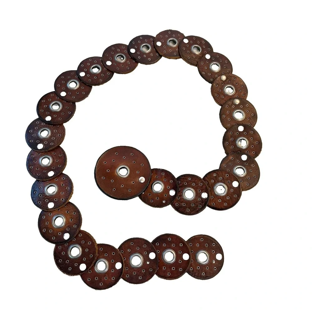 VTG Y2K Leather Disc Boho Concho Grommet Western Hippie Circle Belt Brown 38